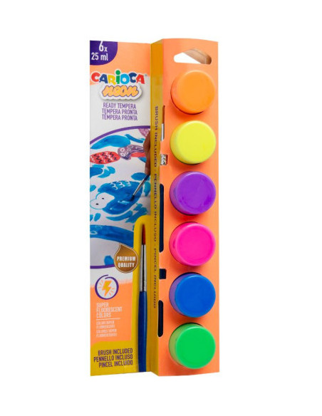 CAJA 6 BOTES DE TÉMPERA CON PINCEL NEON CARIOCA 40486