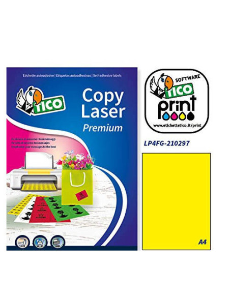 CAJA 70 HOJAS ETIQUETAS AMARILLO FLUORESCENTE SIN MÁRGENES-LÁSER/INYECCIÓN DE TINTA/FOTOCOPIADORAS-210X297 MM TICO LP4FG-210297