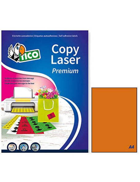 CAJA 70 HOJAS ETIQUETAS NARANJA FLUORESCENTE SIN MÁRGENES-LÁSER/INYECCIÓN DE TINTA/FOTOCOPIADORAS-210X297 MM TICO LP4FA-210297