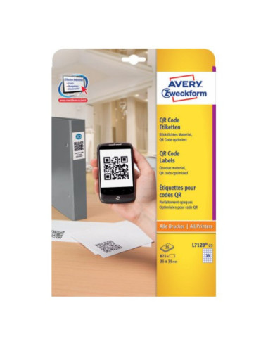 CAJA DE 25 HOJAS ETIQUETAS ADHESIVAS CUBRIENTE PARA CÓDIGO QR 35X35MM AVERY L7120-25